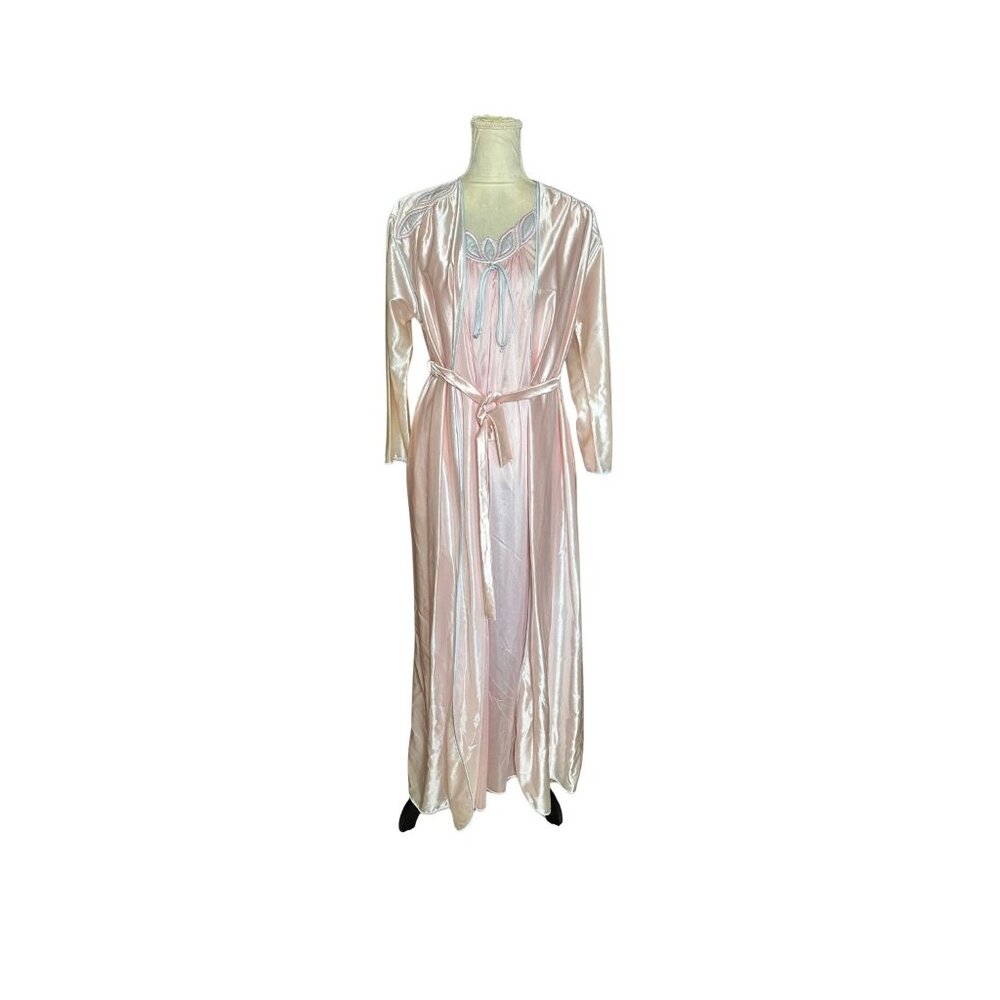 Vintage Lorraine Peignoir Set | Blush Pink Satin Nightgown & Robe | 1980s Embroi